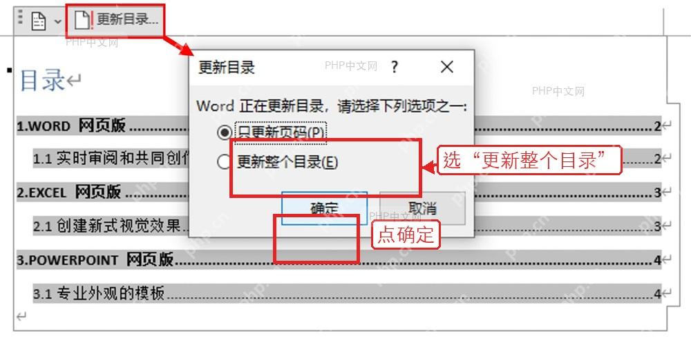 Word 目录更新窗口,用于刷新整个目录内容