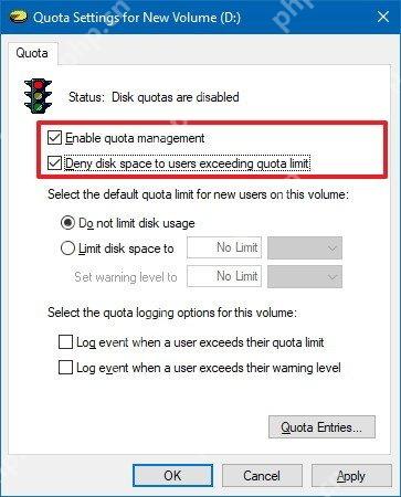 Win10 Quota Settings 中启用配额管理和拒绝超限写入