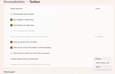 Win11 Combine taskbar buttons and hide labels 选择 Never