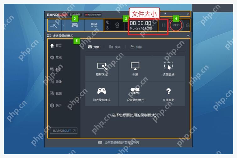 Bandicam Windows 主窗口顶部显示录制时间和文件大小状态