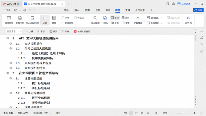 WPS 文字大纲视图中清楚显示一级二级三级标题层级
