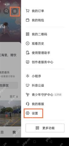 抖音个人主页侧边菜单中的设置入口
