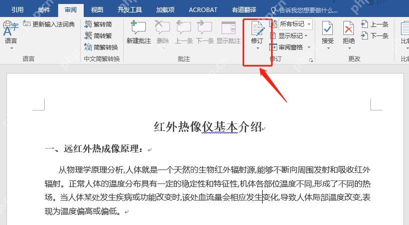 Word审阅选项卡中的修订按钮入口
