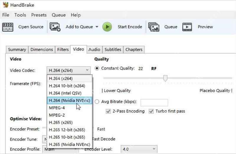 HandBrake Windows 桌面端界面,展示视频设置与本步骤涉及的控件