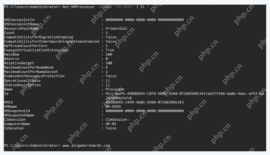 PowerShell Get-VMProcessor 输出中查看虚拟机处理器配置