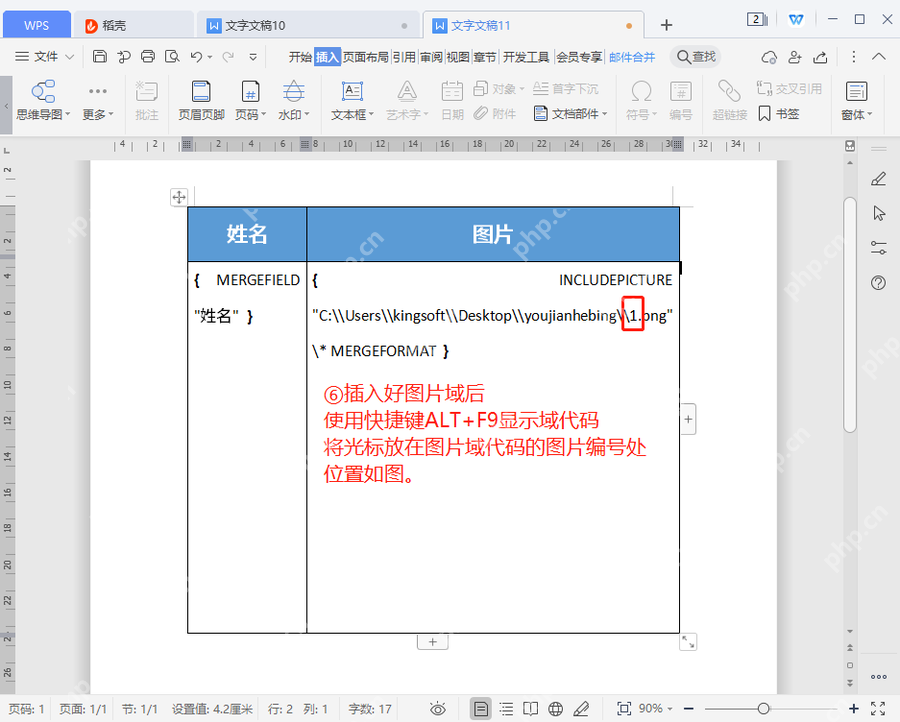 WPS文字邮件合并中检查字段代码和字段位置