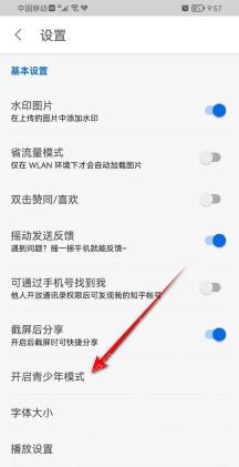 知乎设置页面里的开启青少年模式入口