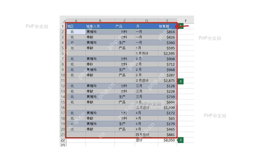 Excel表格中选中需要创建组的明细行区域