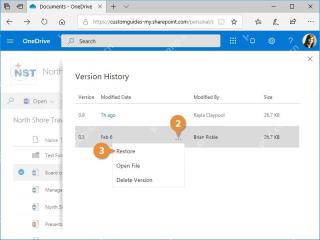 OneDrive版本历史中显示Restore恢复旧版本按钮