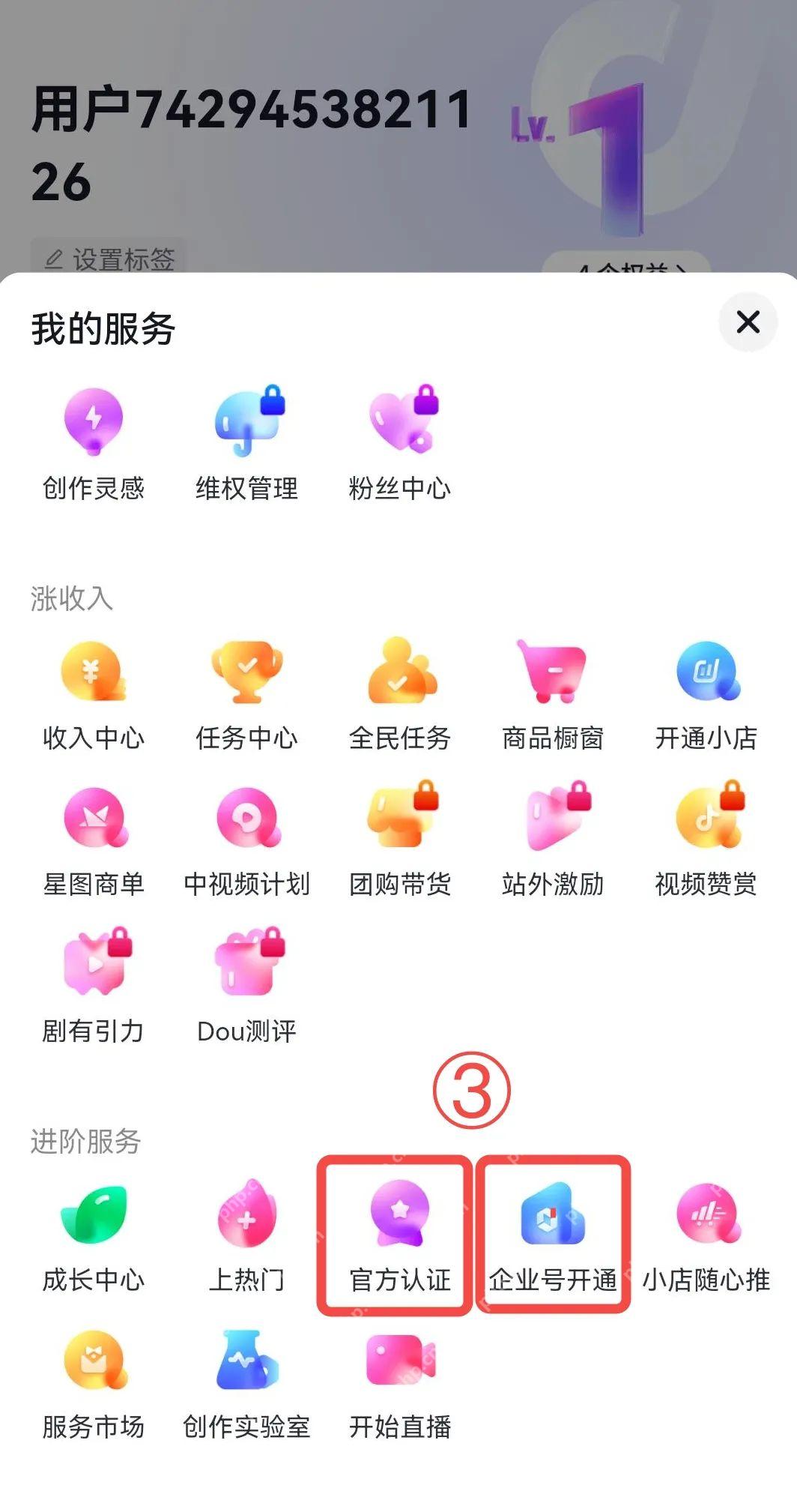抖音我的服务页面中的官方认证和企业号入口