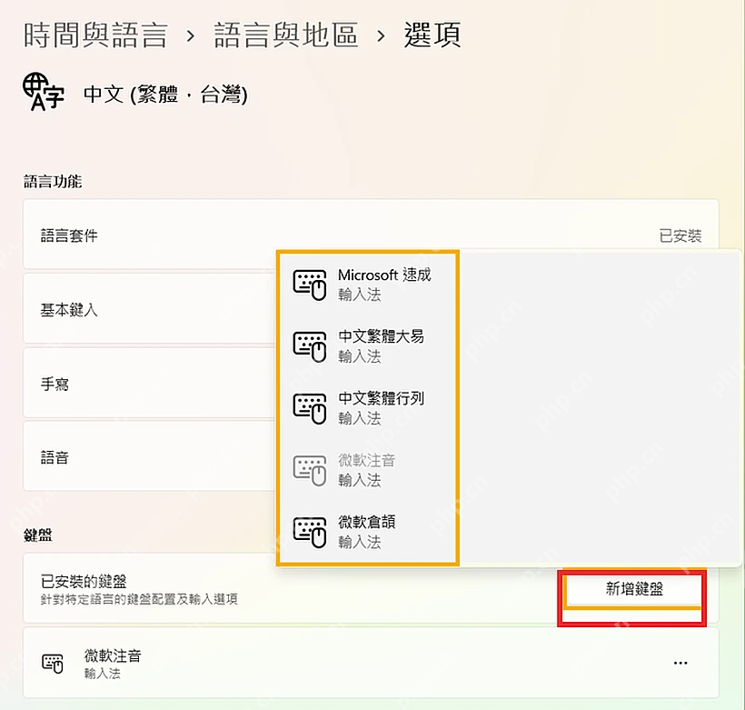 Windows 11 语言选项页面的添加键盘按钮