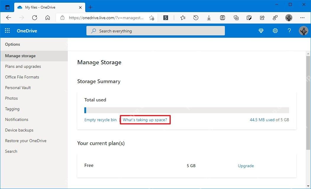 OneDrive Manage Storage页面里点击What's taking up space查看占用文件