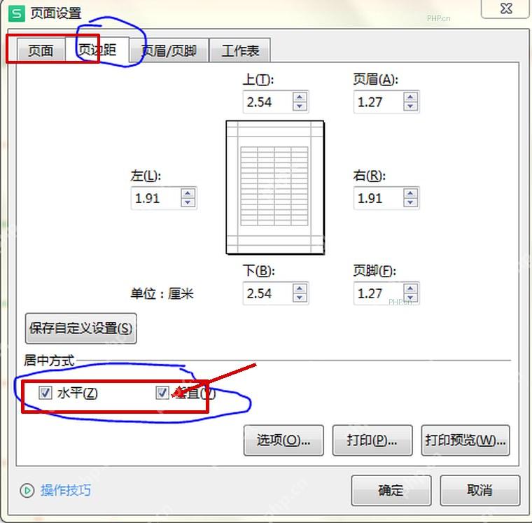 Excel 页面设置窗口的页边距选项卡，居中方式已勾选水平和垂直