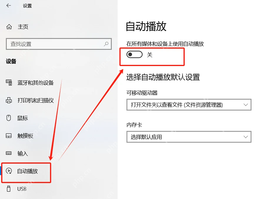 Win10 自动播放设置页面顶部总开关用于关闭全局自动播放