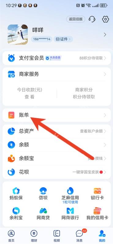 支付宝我的页面用红色箭头标出账单入口