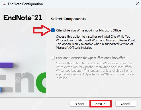 EndNote 21 Windows 配置程序中勾选 Cite While You Write add-in for Microsoft Office