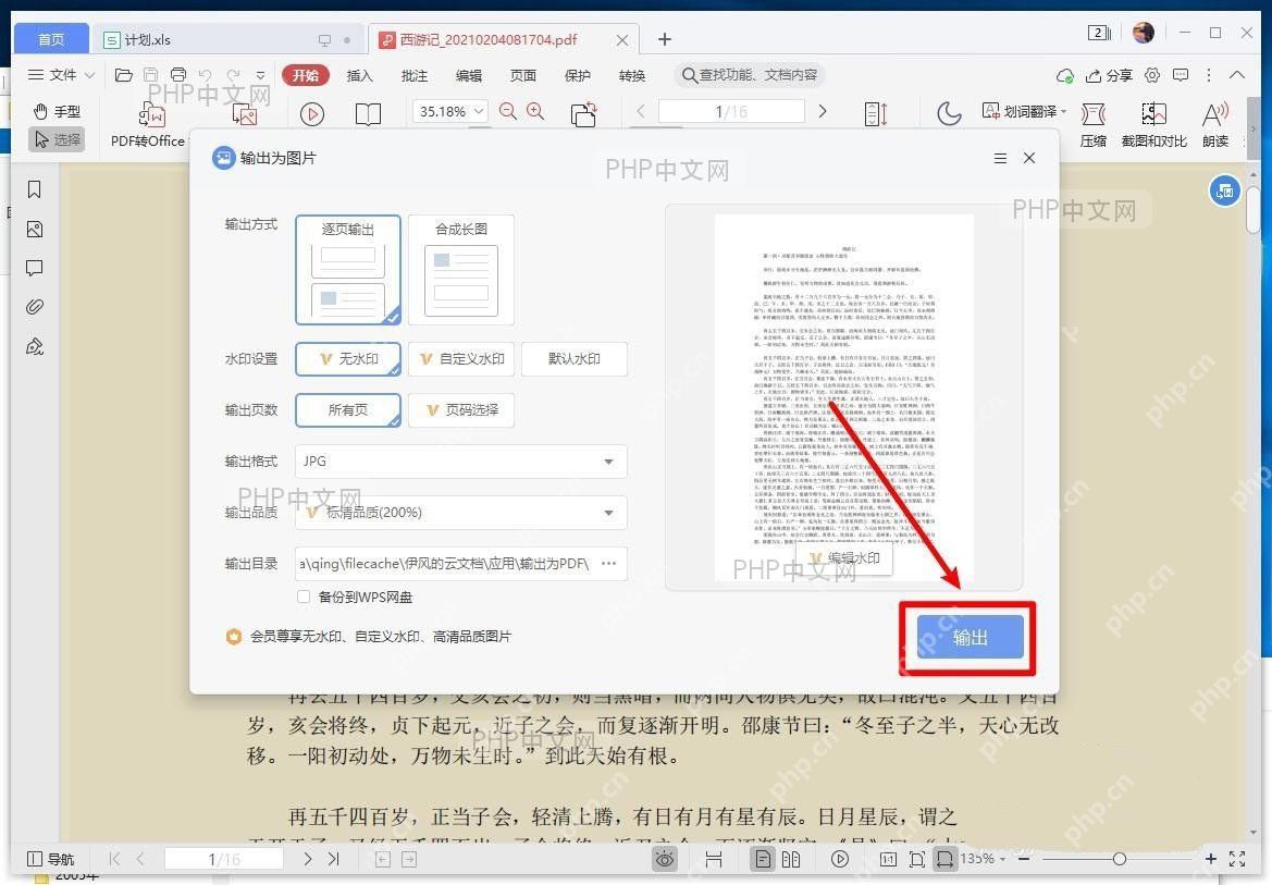WPS输出为图片窗口，包含逐页输出、所有页、JPG格式、输出品质、输出目录和输出按钮