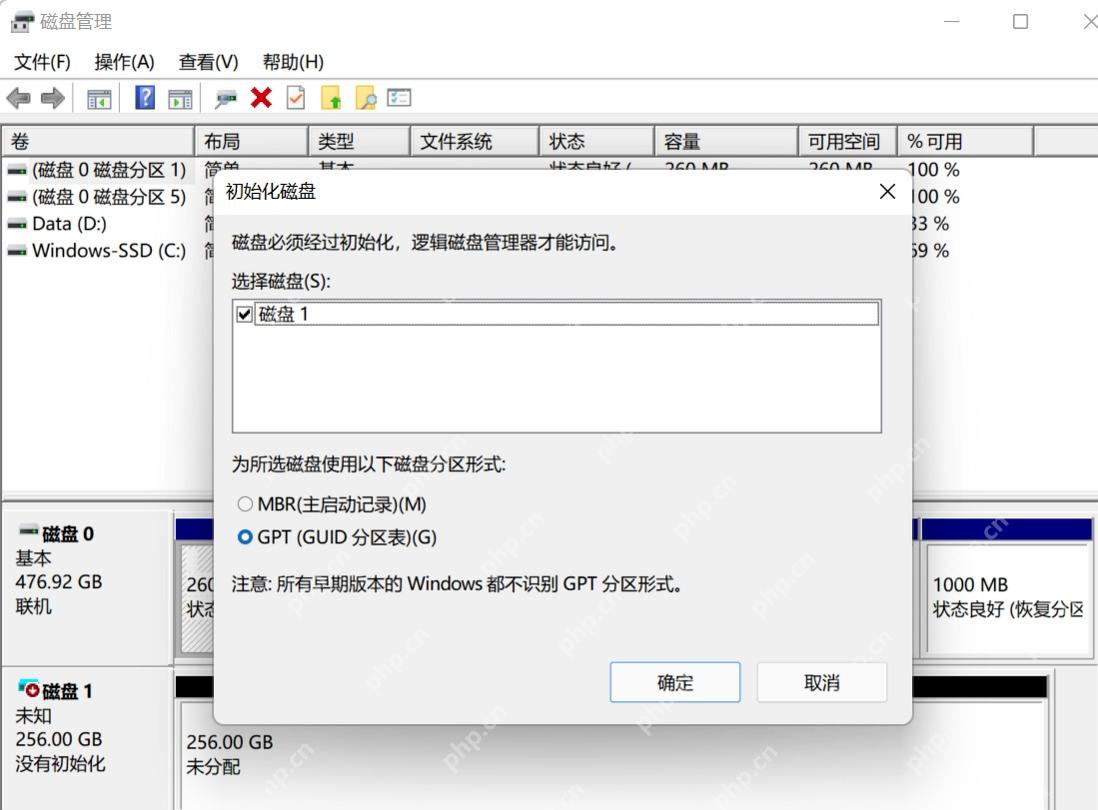 Win11 磁盘管理初始化磁盘窗口中选择 GPT 分区样式