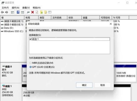 Win11 磁盘管理初始化磁盘窗口中选择 GPT 分区样式