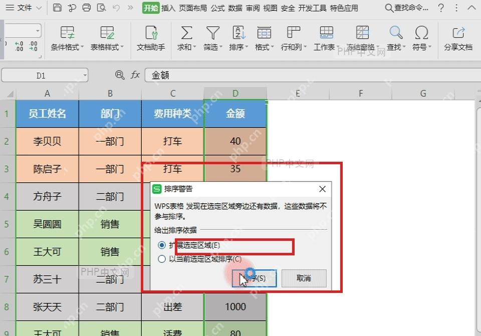 WPS 表格真实界面排序提醒窗口选择扩展选定区域