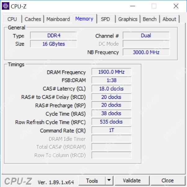 CPU-Z Memory 标签页显示 DDR4 16 GBytes Dual 通道和内存时序