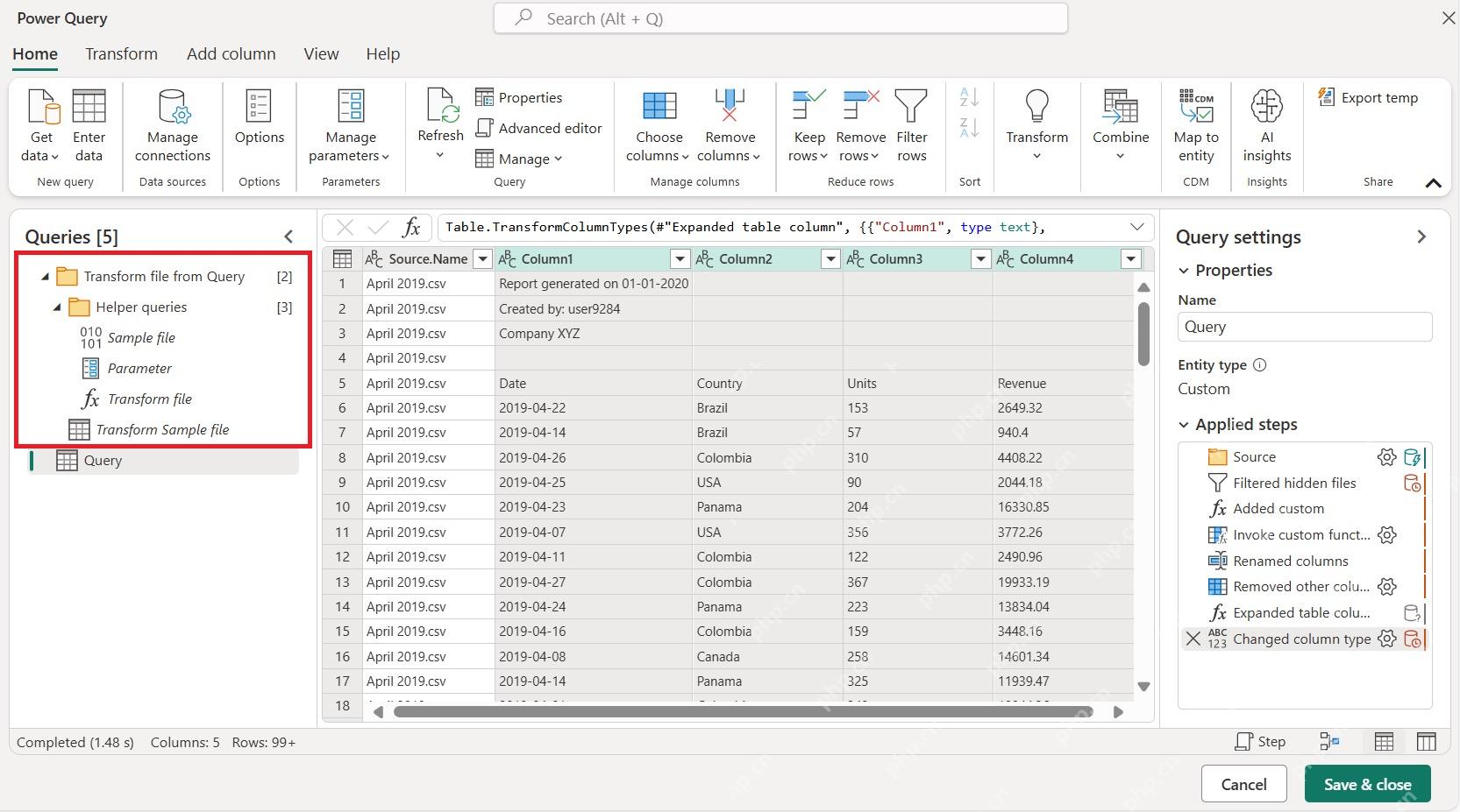 Power Query 编辑器输出合并结果,左侧查询窗格和右侧应用步骤可见