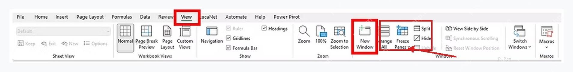 Excel 视图选项卡中的新建窗口按钮位置，用于打开第二个工作簿窗口