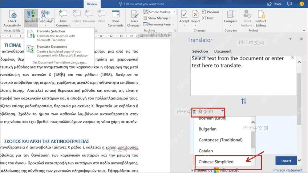Word Translator 翻译窗格中目标语言列表已定位到 Chinese Simplified,服务于选择中文简体步骤
