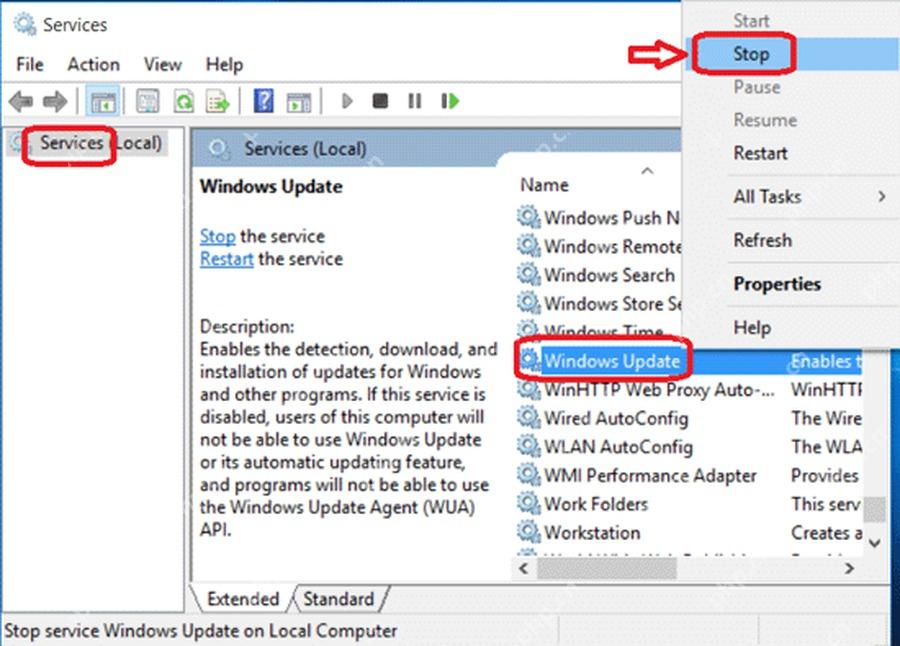 右键 Windows Update 服务选择停止