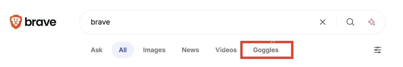 Brave Search 结果页中的 Goggles 标签