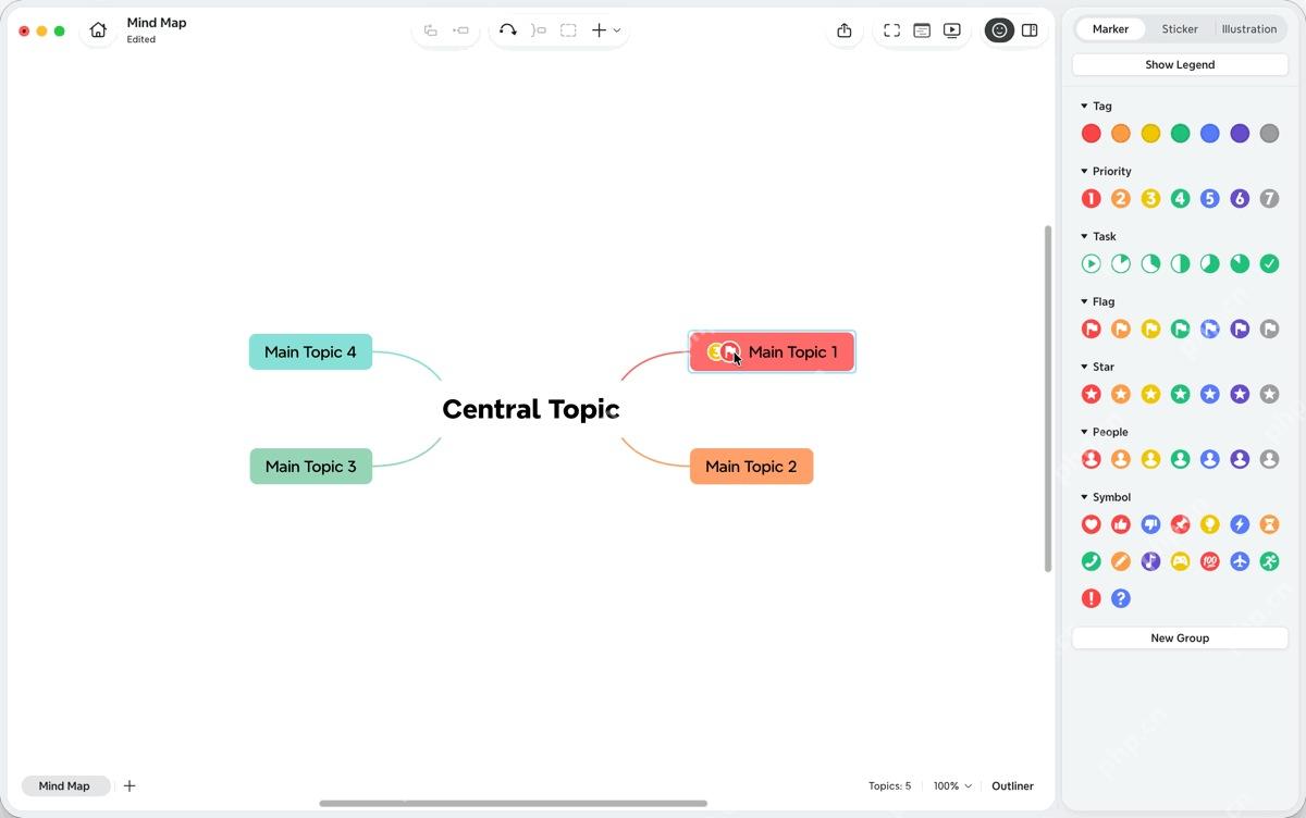 Xmind Pro 右侧显示标记面板和多组标记图标。