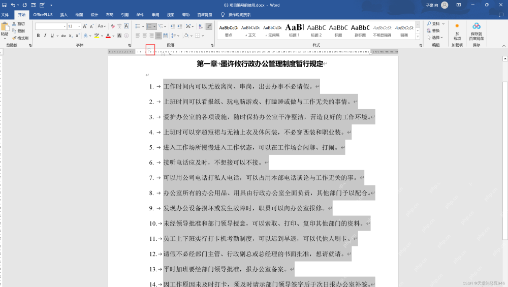 Word 用标尺微调编号文字缩进