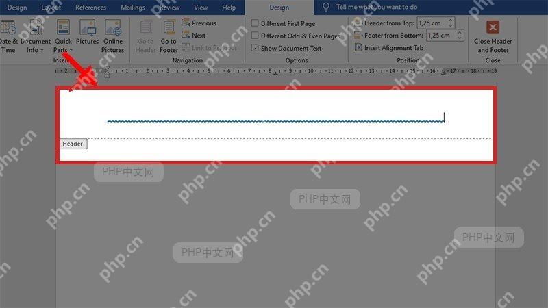 Word 页眉编辑区域已打开,光标停在页眉段落位置