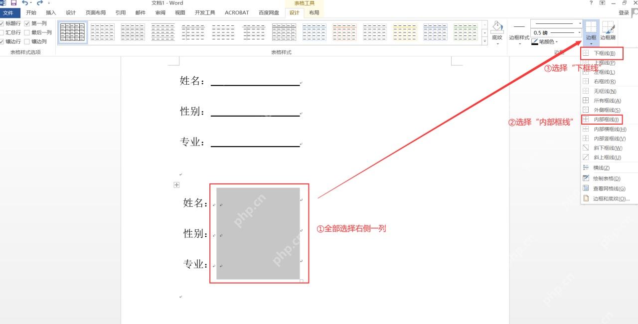 Word 表格工具边框菜单中选择下框线和无框线设置空白下划线