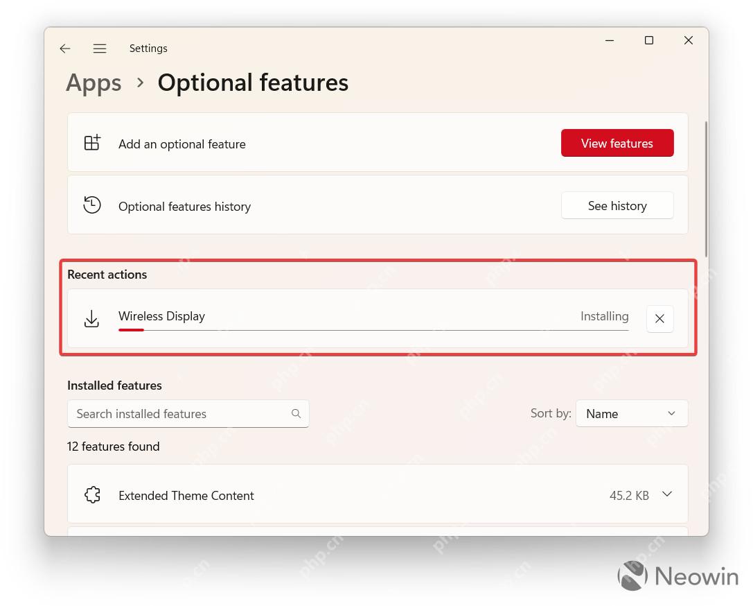 Windows 11 Optional features Recent actions 中 Wireless Display 正在安装