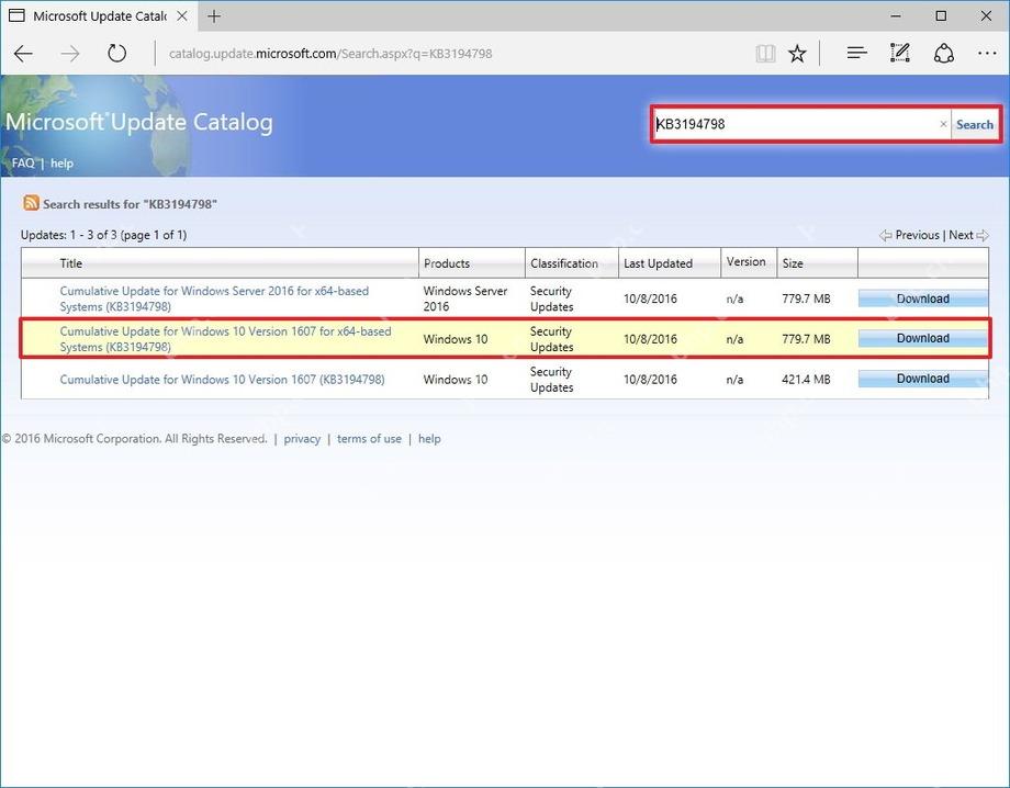 Microsoft Update Catalog 中搜索 KB 并选择 Windows 10 更新包