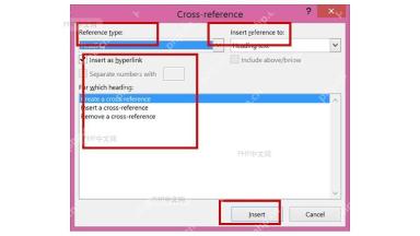 Word Cross-reference 对话框中 Heading、Heading text、标题列表和 Insert 按钮被红框标出，服务于插入标题文字交叉引用这一步