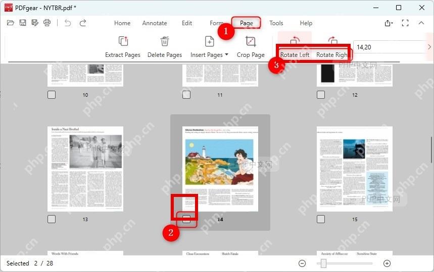 PDFgear 中勾选页面后使用 Rotate Left 和 Rotate Right 旋转 PDF 页面