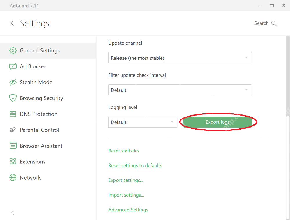 AdGuard 设置页中的 Export logs 按钮