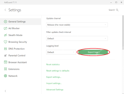 AdGuard 设置页中的 Export logs 按钮
