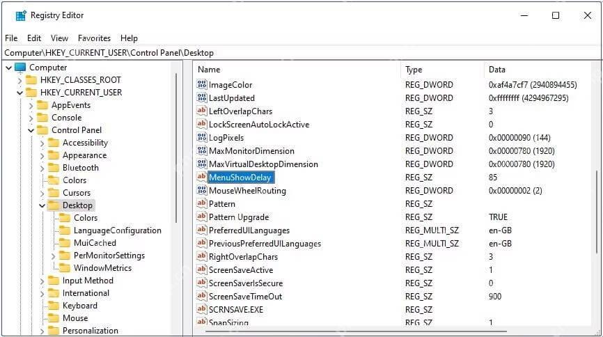Windows 注册表编辑器中选中 HKEY_CURRENT_USER Control Panel Desktop 下的 MenuShowDelay