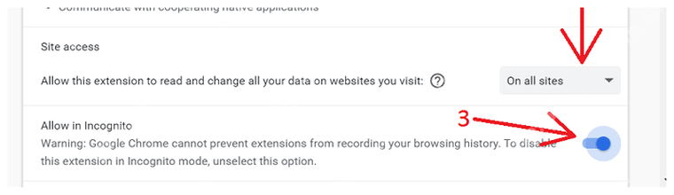 Chrome 扩展详情页站点访问和无痕权限区域,对应放开网页访问权限。