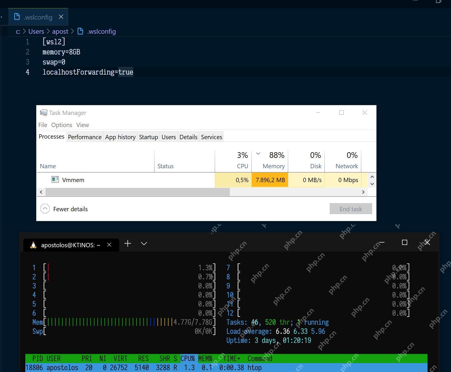 Windows 任务管理器与 WSL 终端共同显示 Vmmem 内存占用