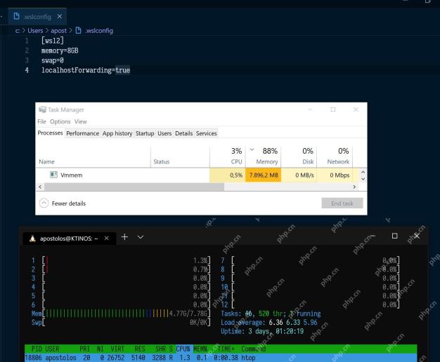 Windows 任务管理器与 WSL 终端共同显示 Vmmem 内存占用