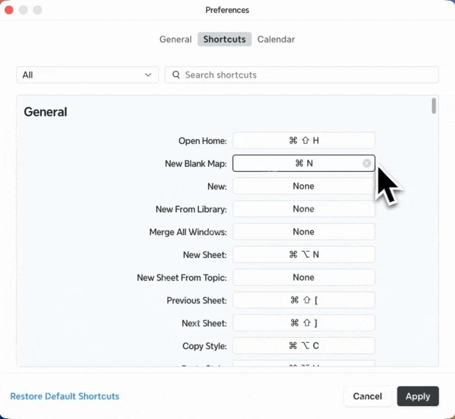 Xmind Pro Preferences 窗口打开 Shortcuts 快捷键设置页。