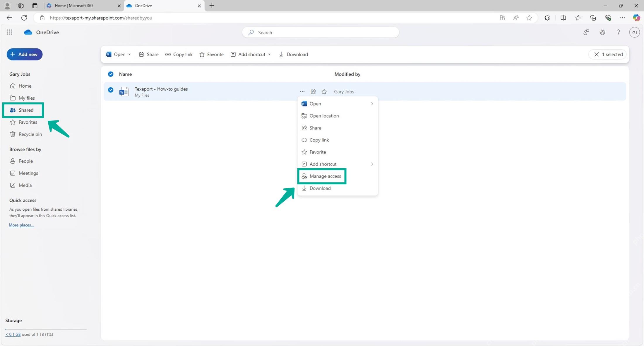 OneDrive 网页版 Shared 列表和右键菜单，显示 Manage access 与 Download 入口