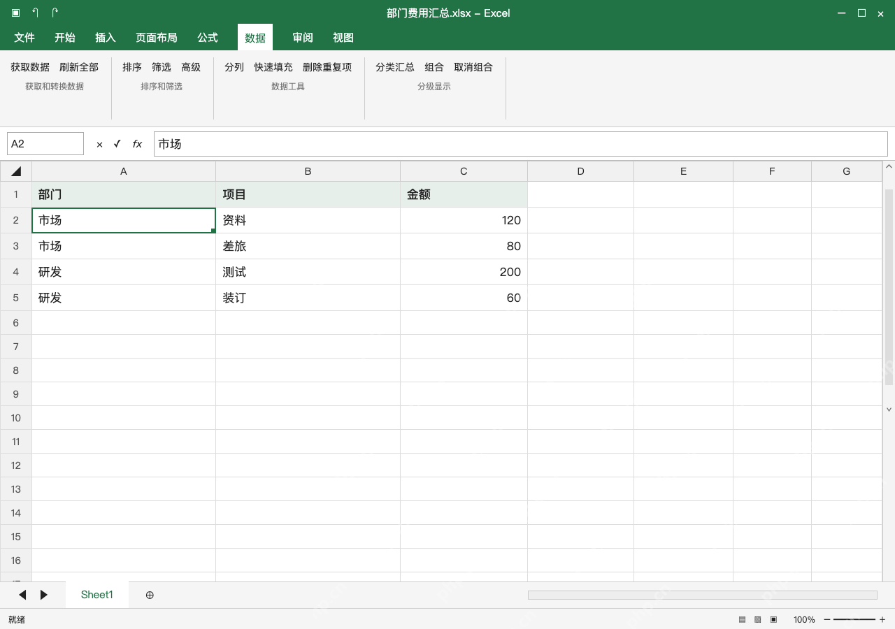 模拟 Microsoft Excel Windows桌面版 完整窗口:按部门排序时,带上项目和金额整行