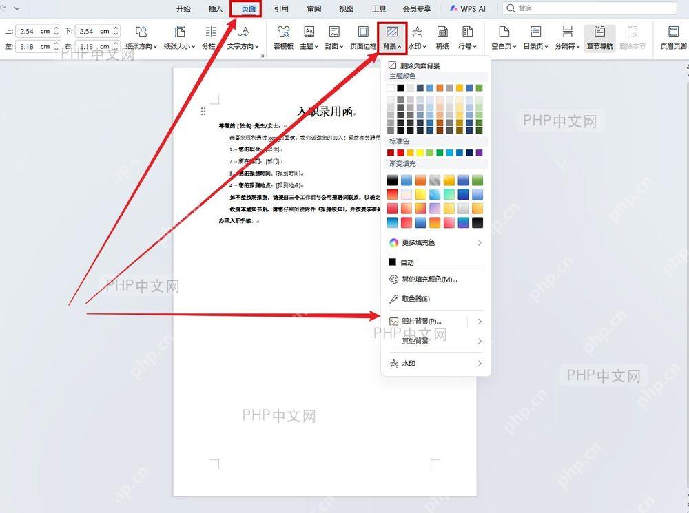 WPS文字页面选项卡中的背景按钮