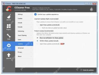 CCleaner Windows 电脑端 Options Updates 页面中的更新通知和手动更新选项