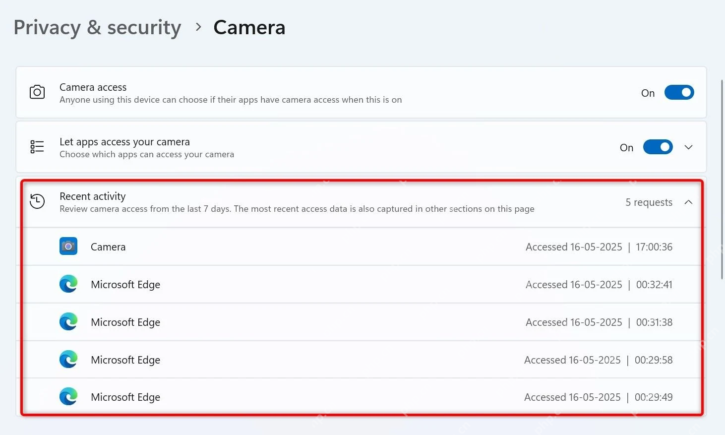 Win11 摄像头权限页的 Recent activity 记录列表